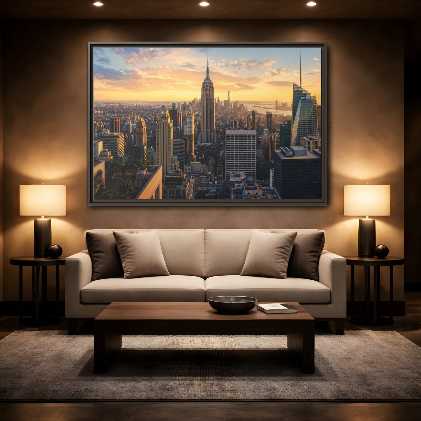 Mockup 2. Movies Empire State Building Golden Hour Skyline shown as stretched canvas wall art