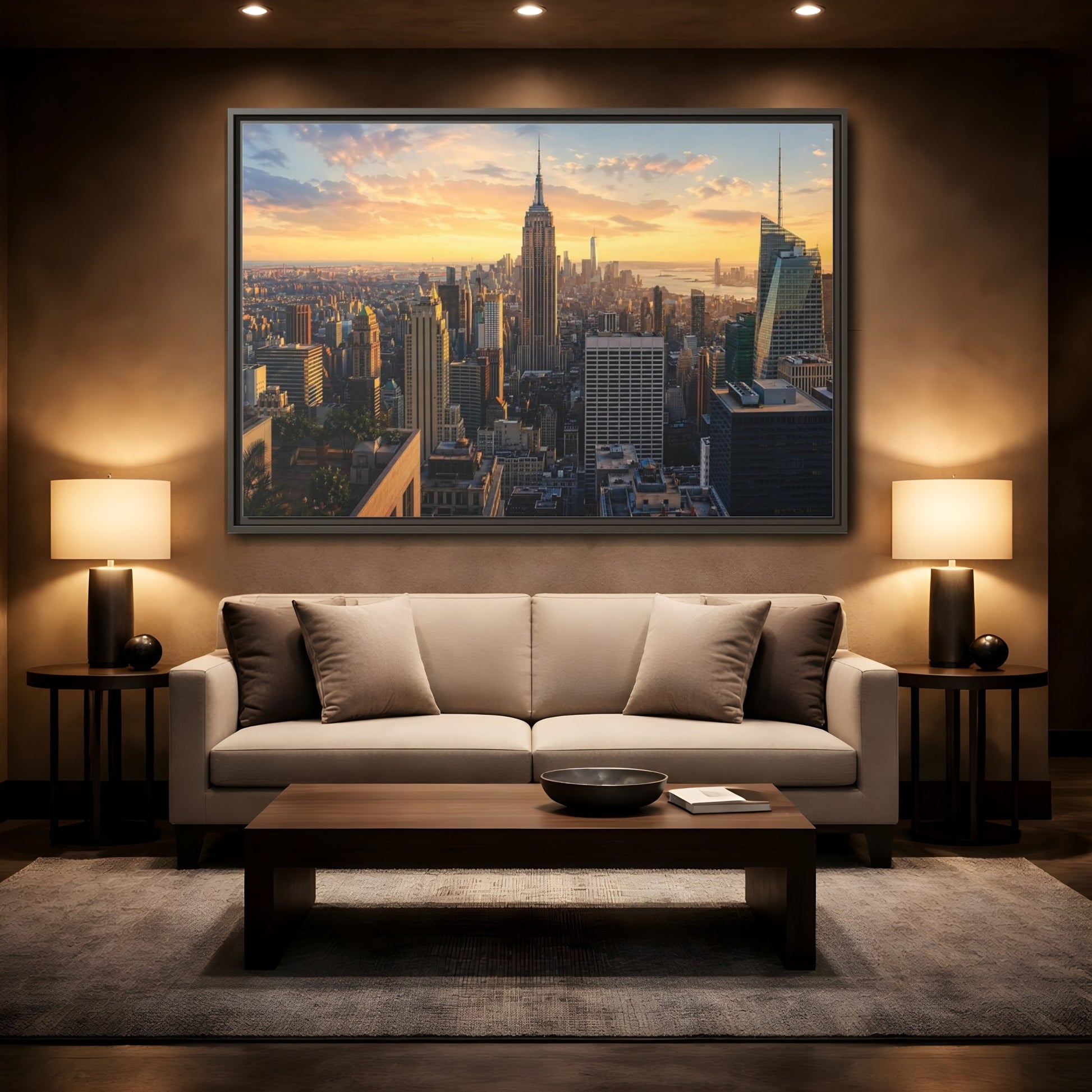Mockup 2. Movies Empire State Building Golden Hour Skyline shown as stretched canvas wall art