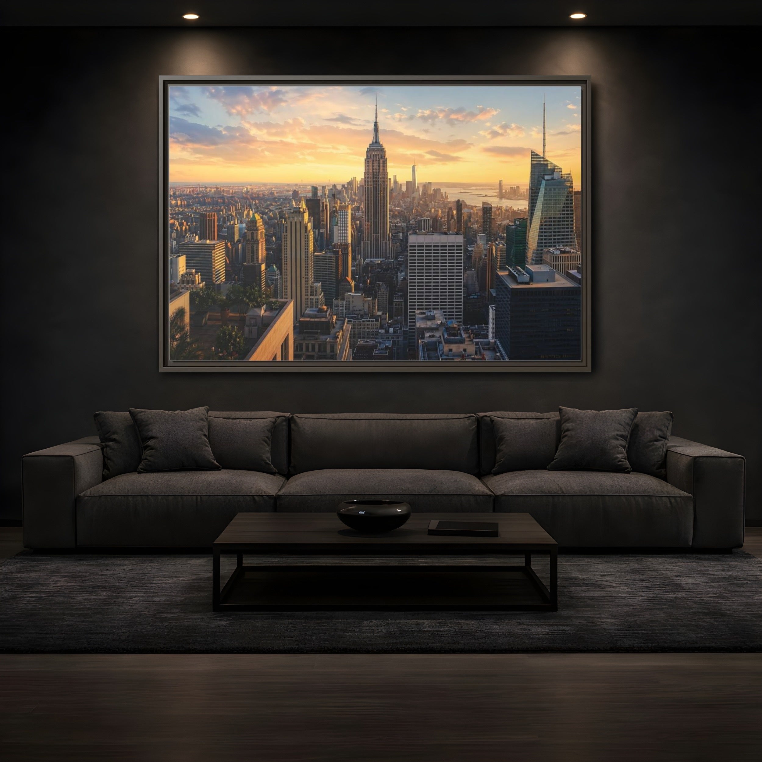 Mockup 3. Movies Empire State Building Golden Hour Skyline shown as stretched canvas wall art