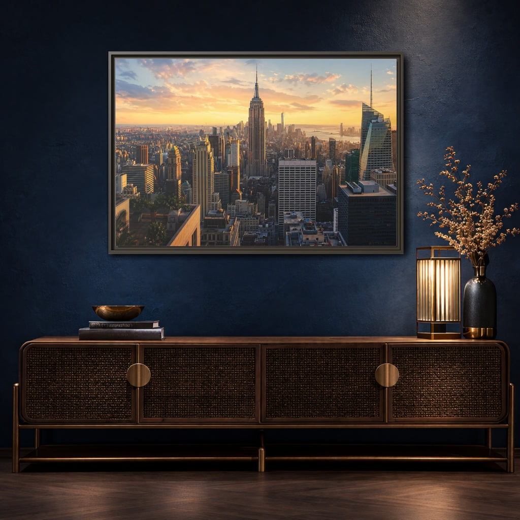 Mockup 4. Movies Empire State Building Golden Hour Skyline shown as stretched canvas wall art