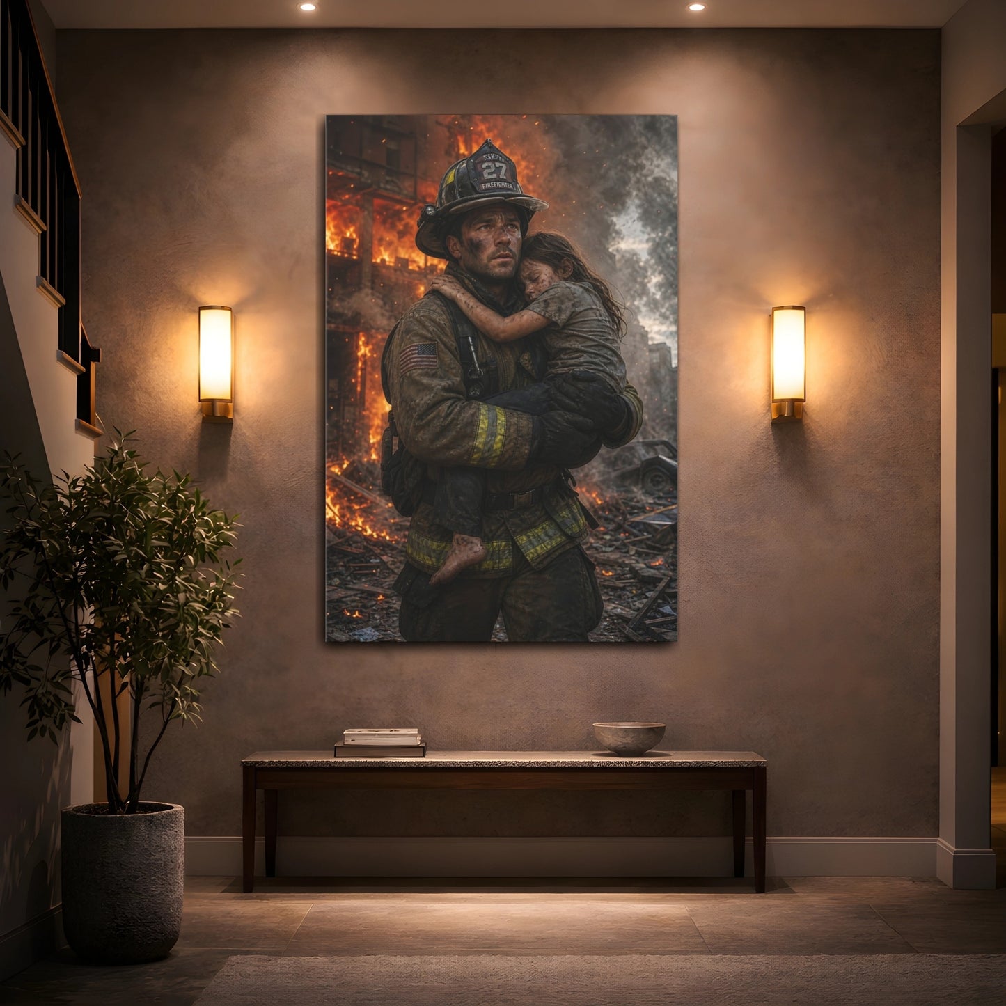 Movies Firefighter Rescue Heroic Canvas Wall Art Print - Dramatic Living Room, Above Console Table shown as canvas wall art