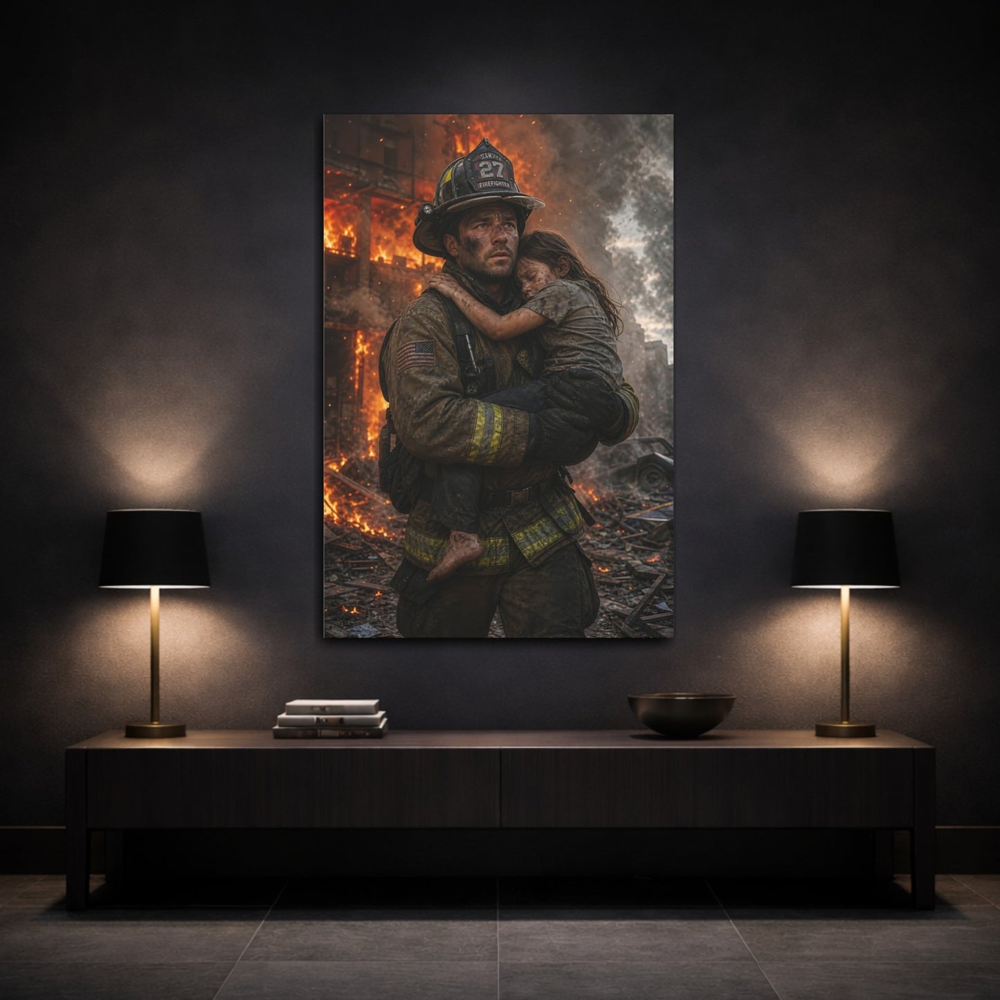 Movies Firefighter Rescue Heroic Canvas Wall Art Print - Dramatic Living Room, Above Console Table shown as canvas wall art