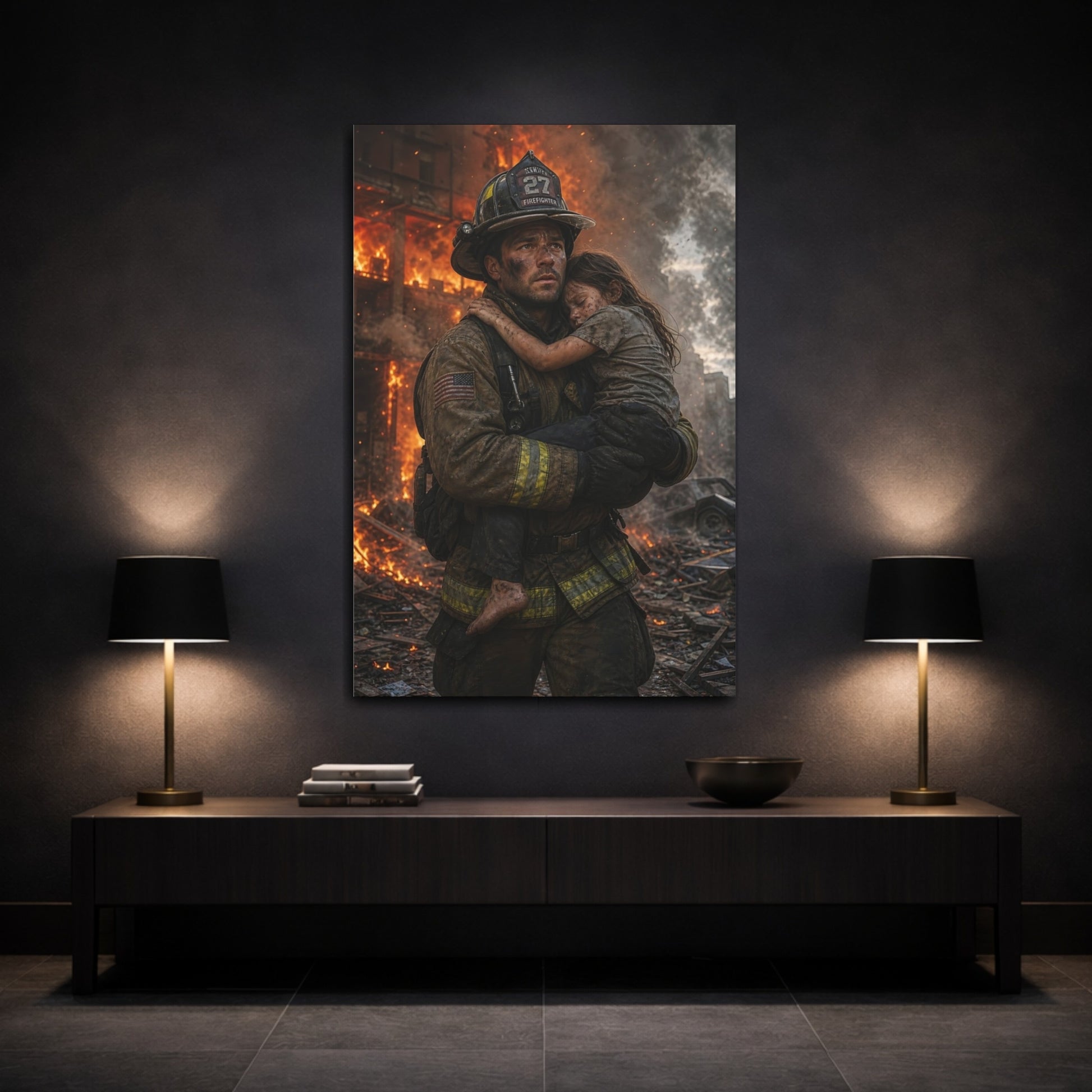 Movies Firefighter Rescue Heroic Canvas Wall Art Print - Dramatic Living Room, Above Console Table shown as canvas wall art