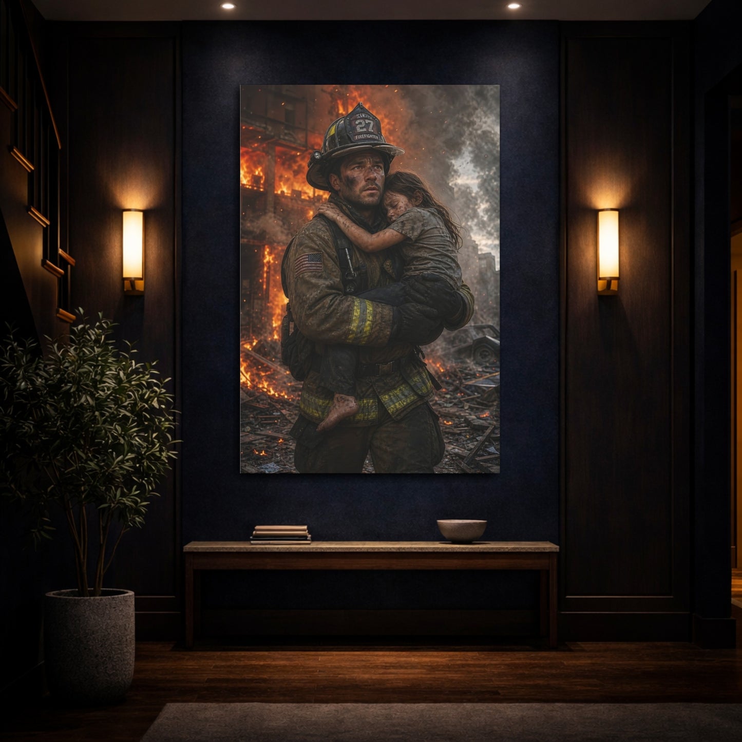 Movies Firefighter Rescue Heroic Canvas Wall Art Print - Dramatic Living Room, Above Console Table shown as canvas wall art