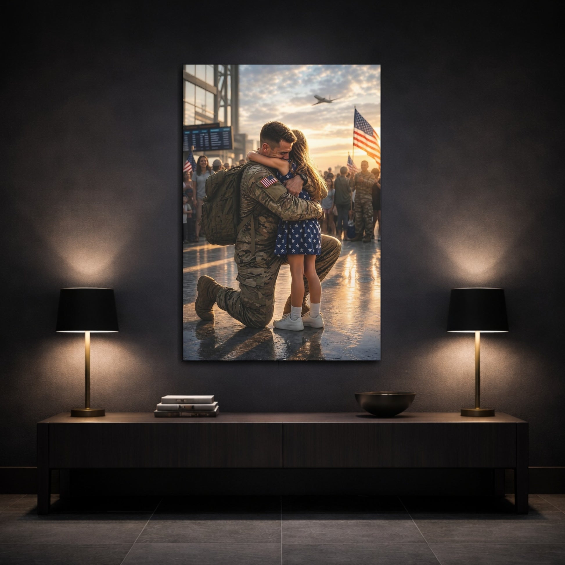 Movies Soldier Child Golden Hour Canvas Wall Art Print - Cinematic Living Room shown as canvas wall art