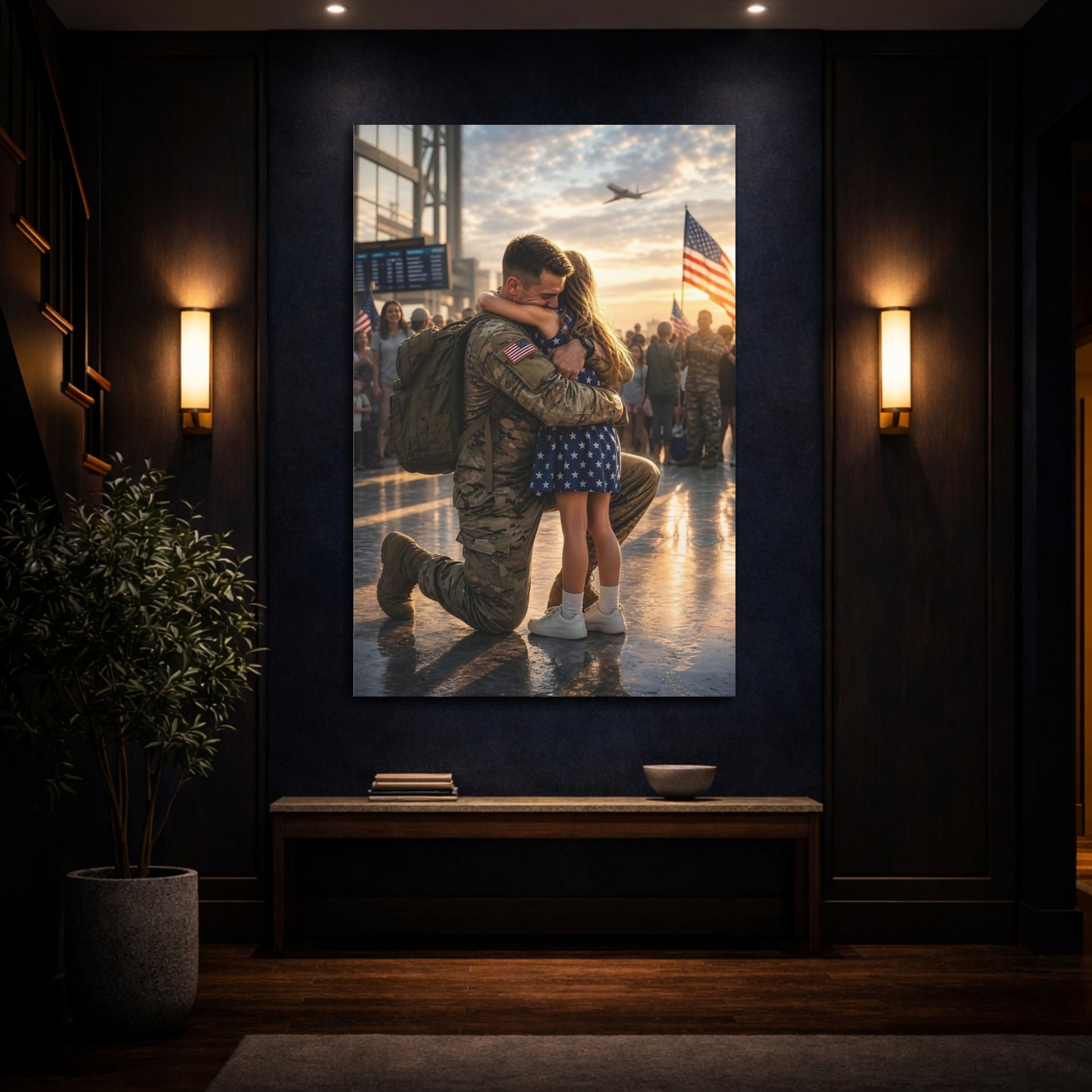 Movies Soldier Child Golden Hour Canvas Wall Art Print - Cinematic Living Room shown as canvas wall art