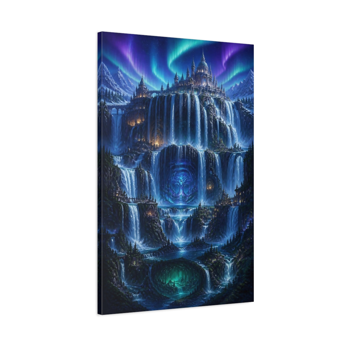 Main Mockup. Mystic Waterfall Castle shown as canvas print
