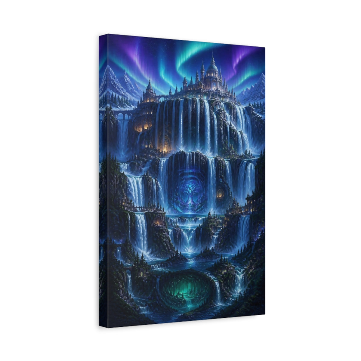 Side Mockup 4. Mystic Waterfall Castle shown as canvas print