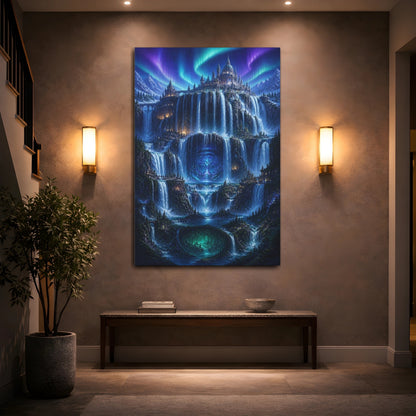 Mockup 2. Mystic Waterfall Castle shown as canvas print