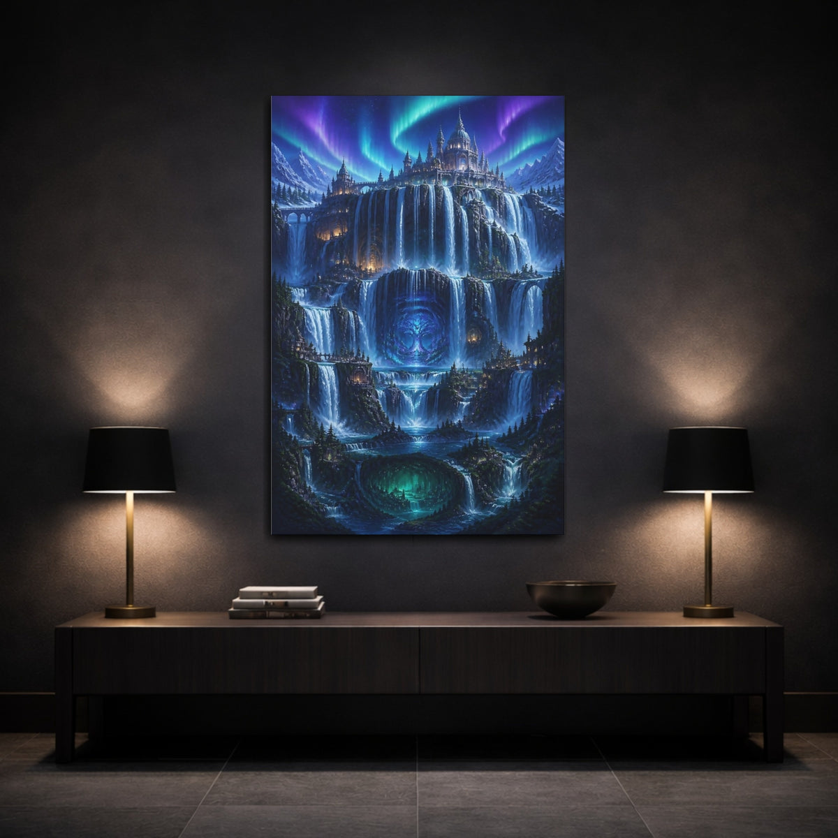 Mockup 3. Mystic Waterfall Castle shown as canvas print