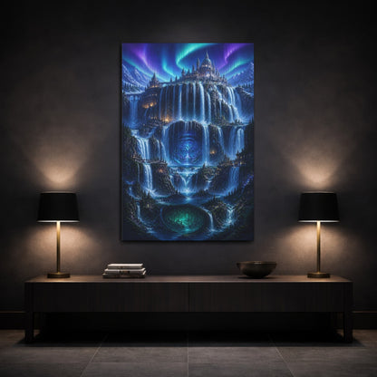 Mockup 3. Mystic Waterfall Castle shown as canvas print
