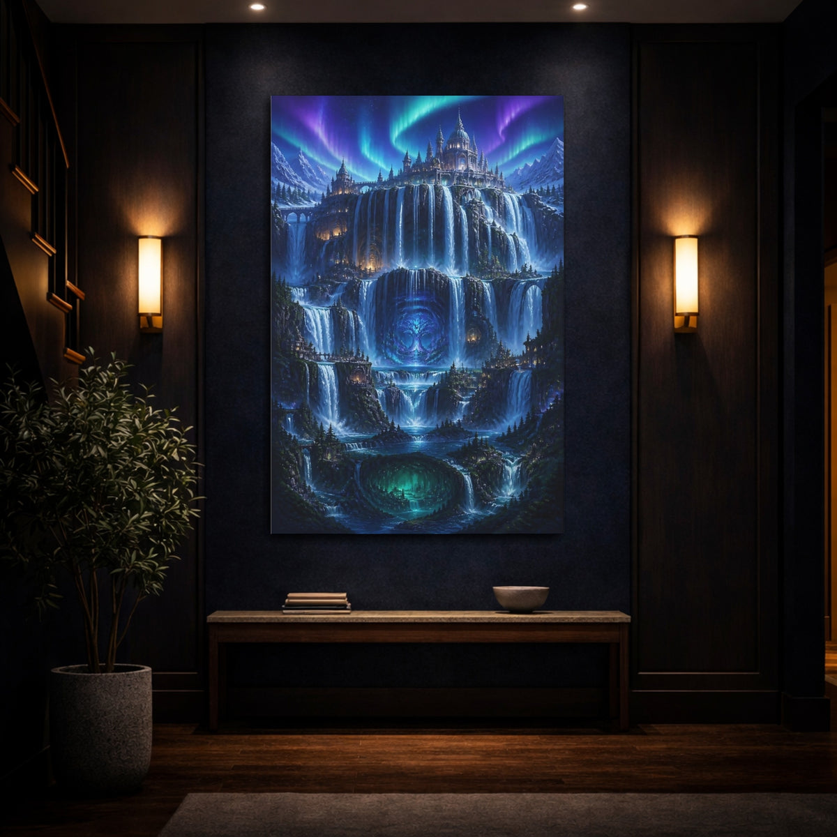 Mockup 4. Mystic Waterfall Castle shown as canvas print