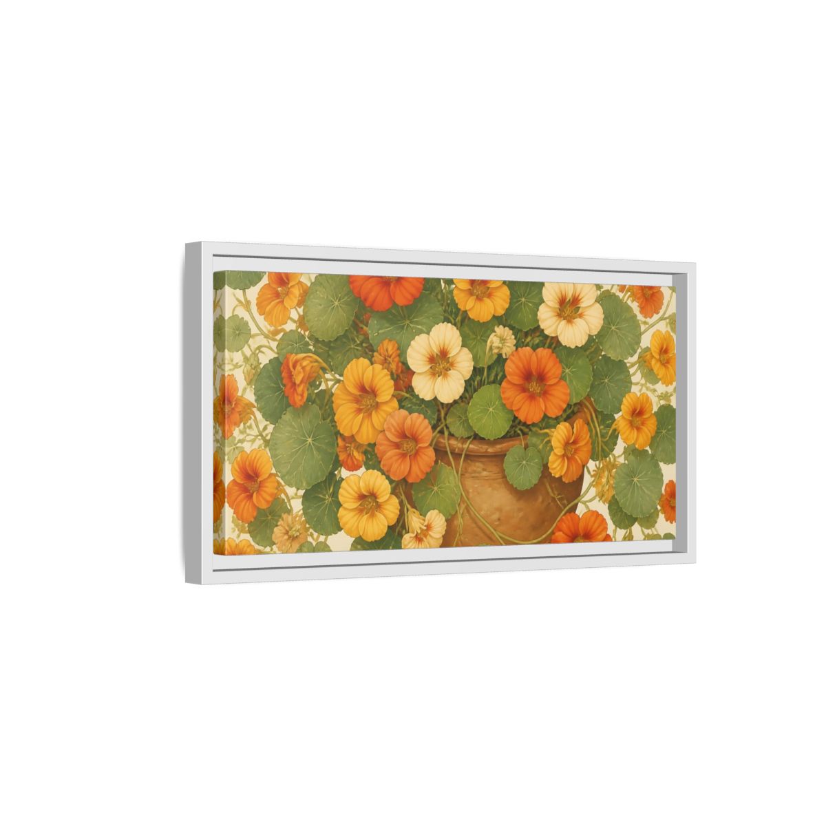Side Mockup 6. Nasturtiums In Clay Pot shown as framed canvas print