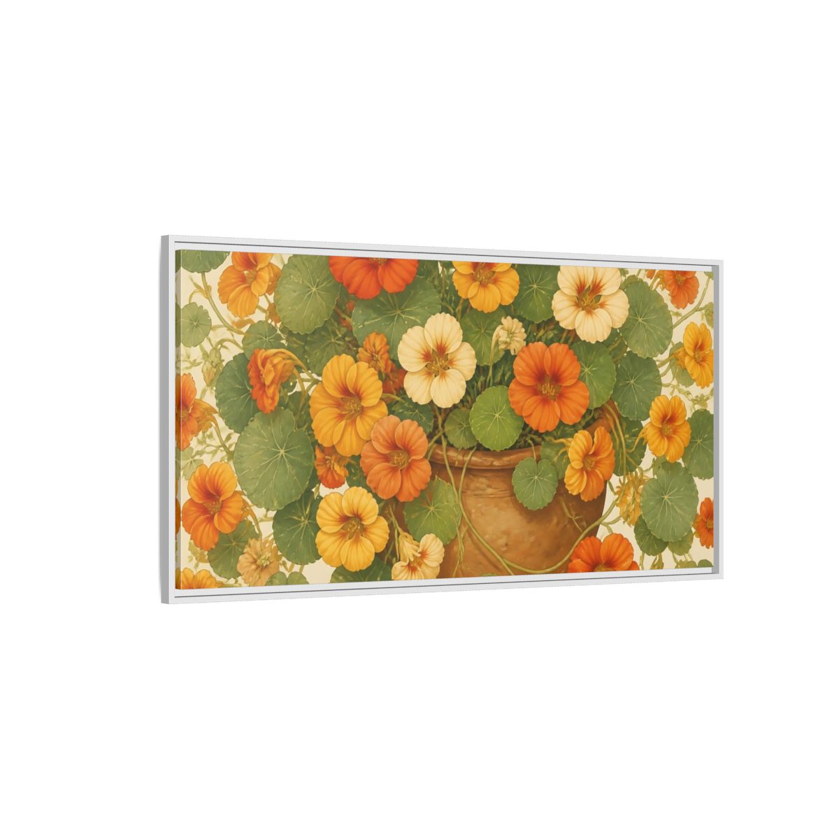 Side Mockup 3. Nasturtiums In Clay Pot shown as framed canvas print