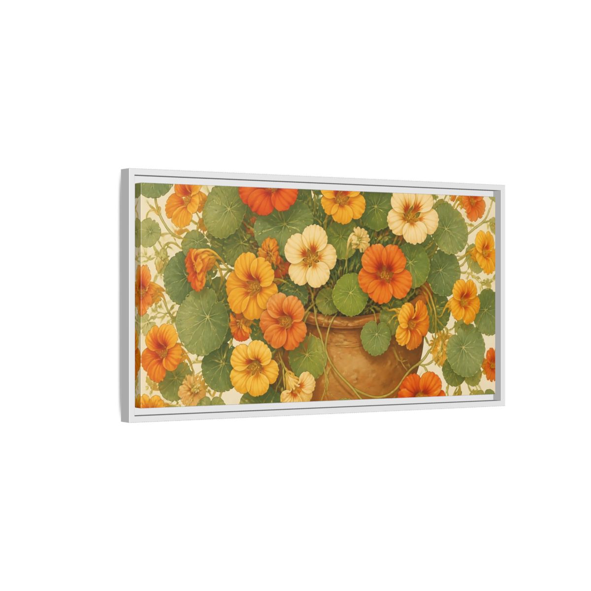 Side Mockup 1. Nasturtiums In Clay Pot shown as framed canvas print