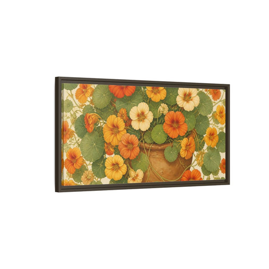 Main Mockup. Nasturtiums In Clay Pot shown as framed canvas print