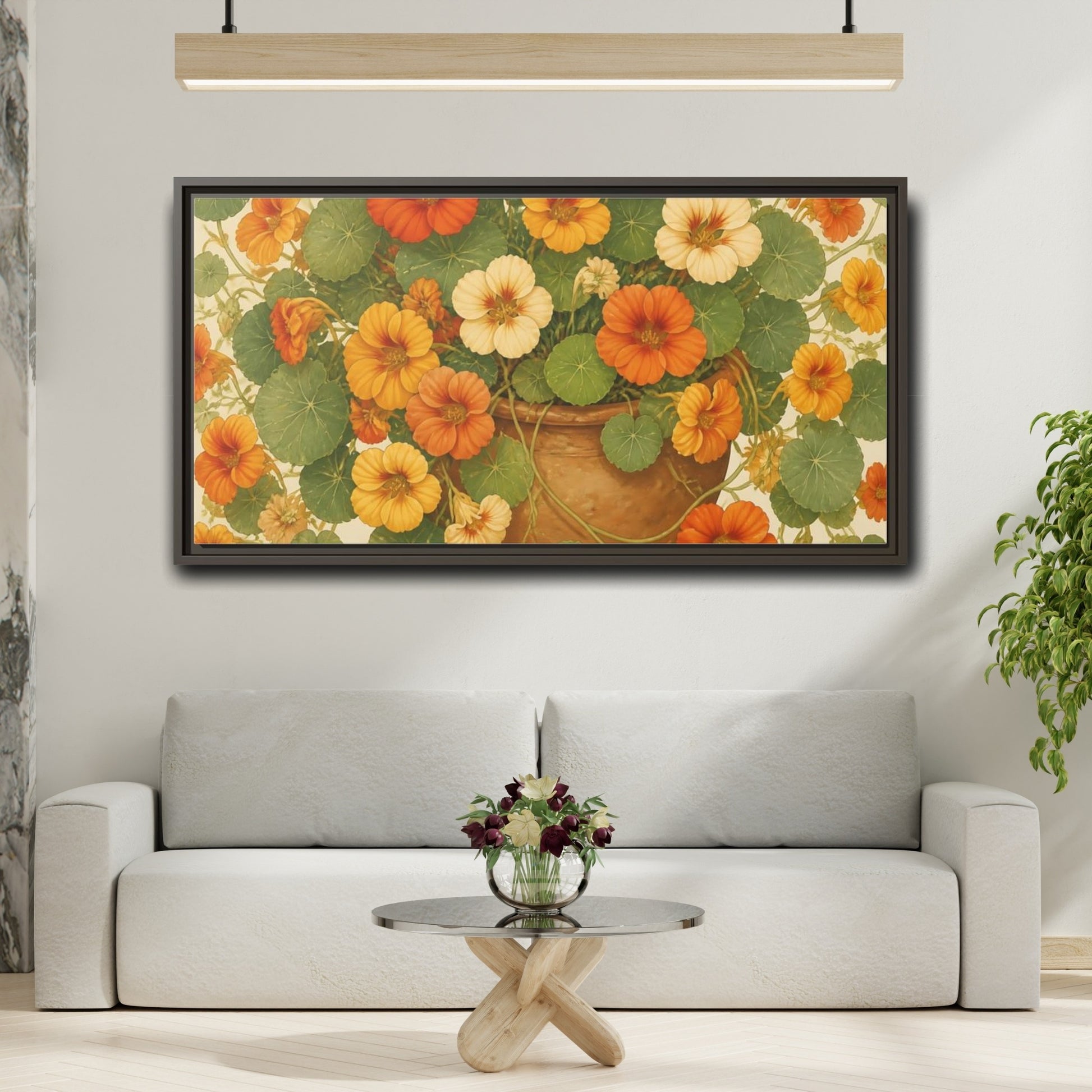 Mockup 2. Nasturtiums In Clay Pot shown as framed canvas print