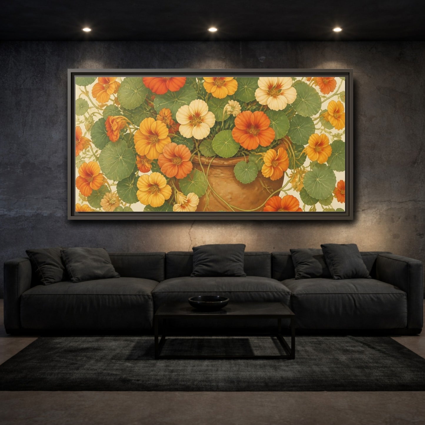 Mockup 3. Nasturtiums In Clay Pot shown as framed canvas print
