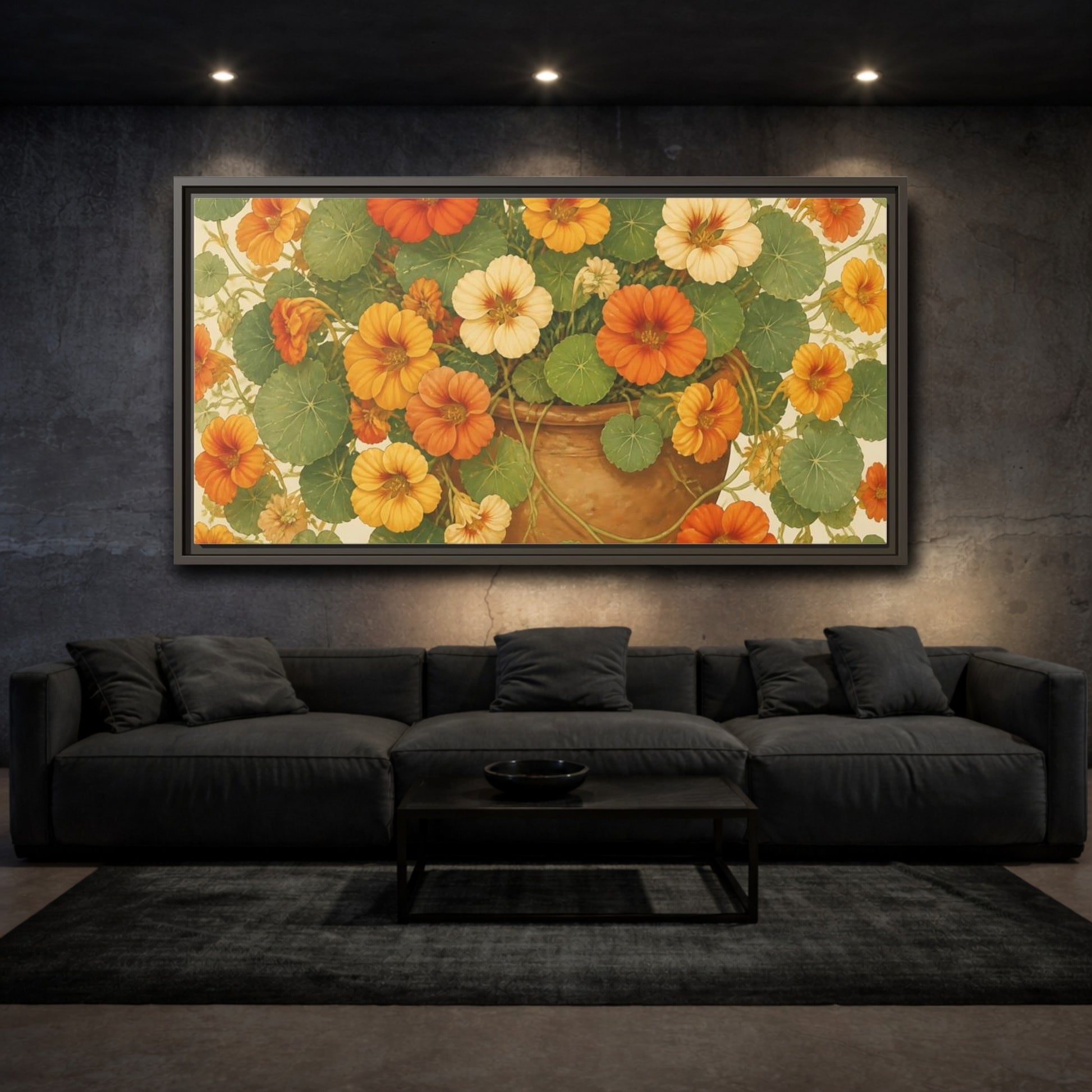 Mockup 3. Nasturtiums In Clay Pot shown as framed canvas print
