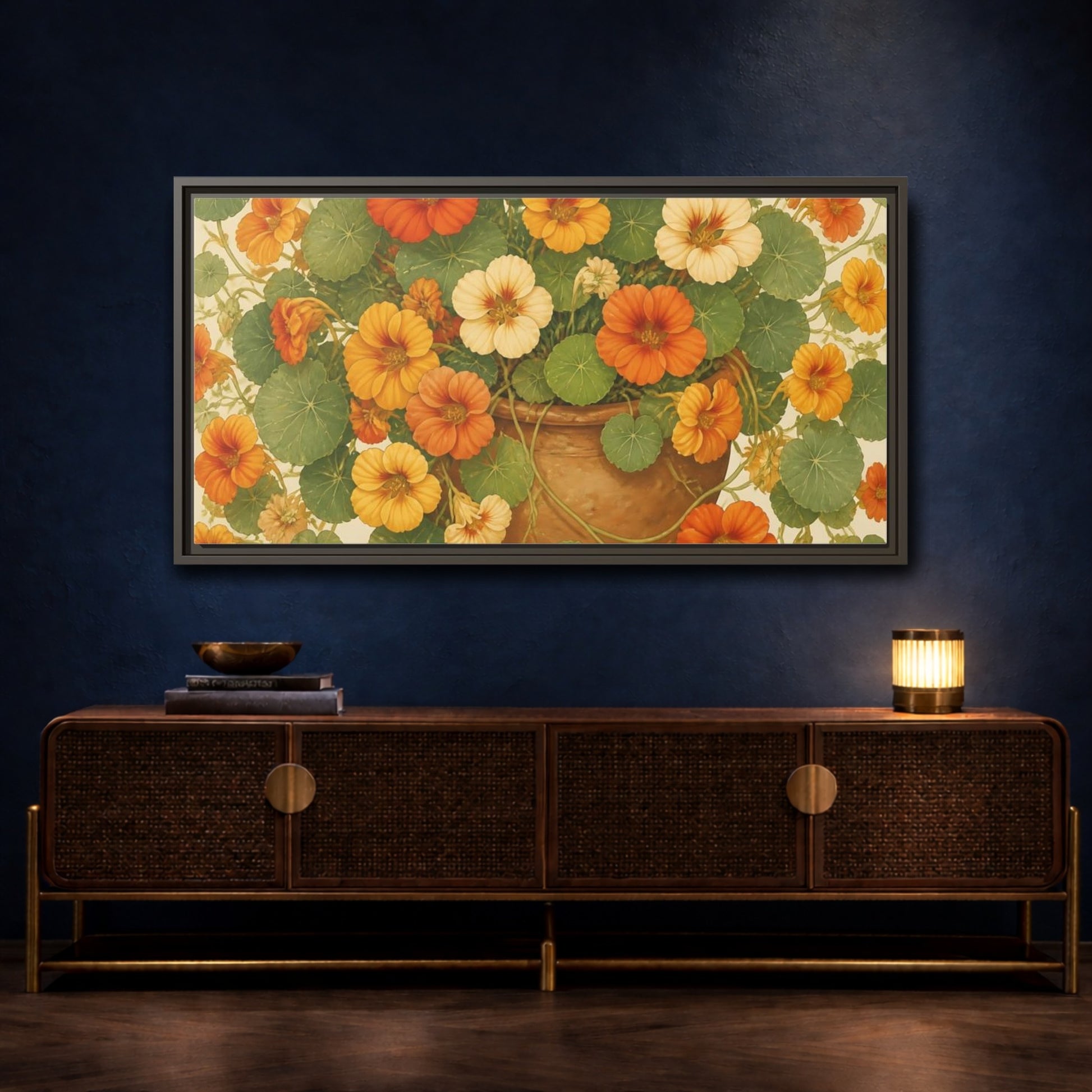 Mockup 4. Nasturtiums In Clay Pot shown as framed canvas print