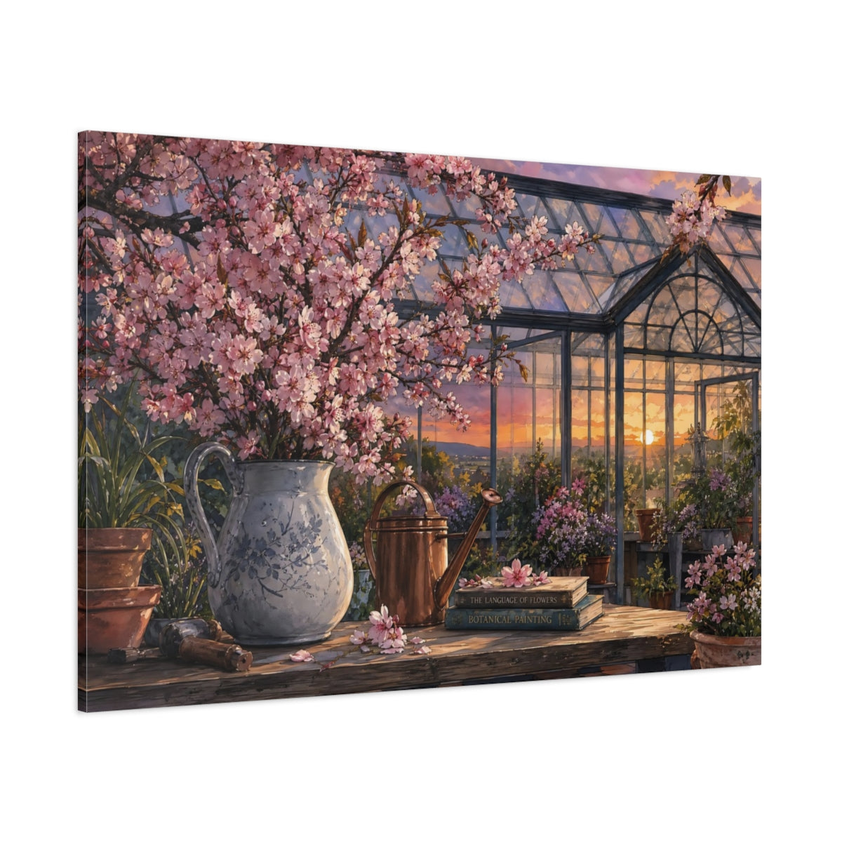 Side Mockup 1. Naturalist Gouache Illustration Cherry Blossoms Above Greenhouse Glass At Dusk shown as stretched canvas wall art