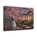 Side Mockup 4. Naturalist Gouache Illustration Cherry Blossoms Above Greenhouse Glass At Dusk shown as stretched canvas wall art