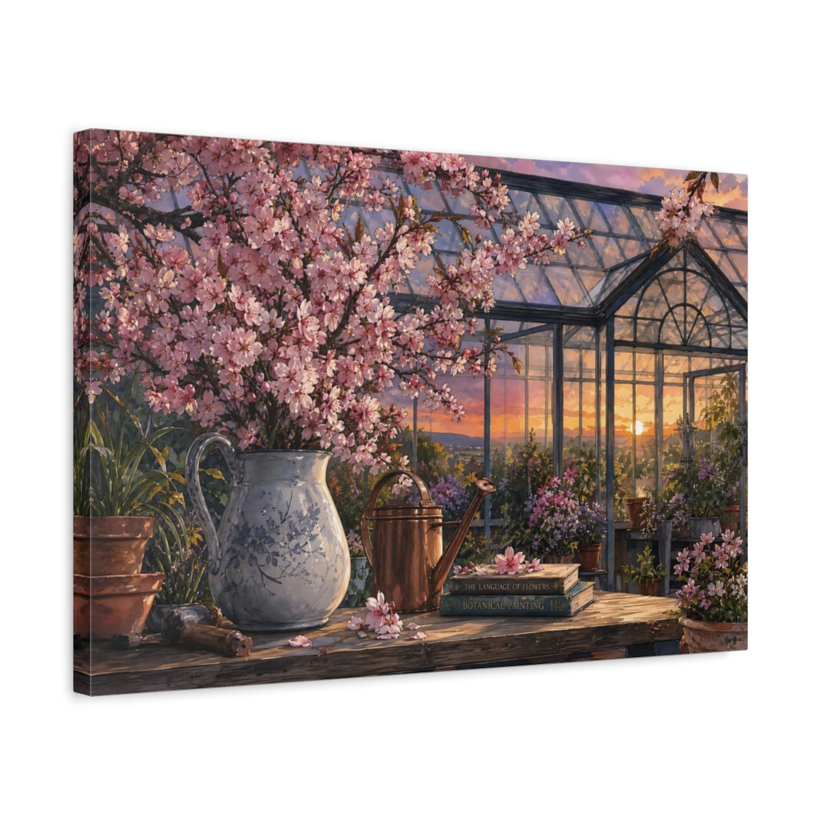 Side Mockup 3. Naturalist Gouache Illustration Cherry Blossoms Above Greenhouse Glass At Dusk shown as stretched canvas wall art