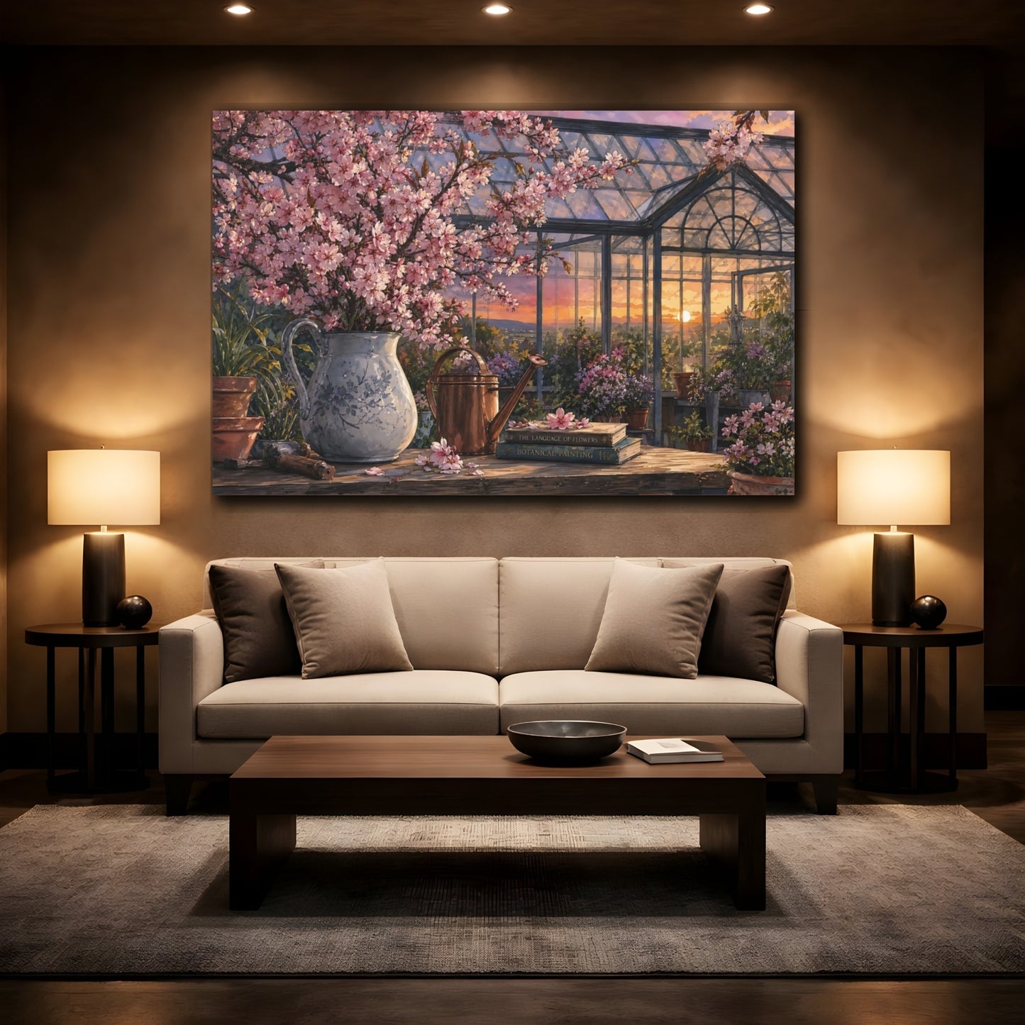 Mockup 2. Naturalist Gouache Illustration Cherry Blossoms Above Greenhouse Glass At Dusk shown as stretched canvas wall art