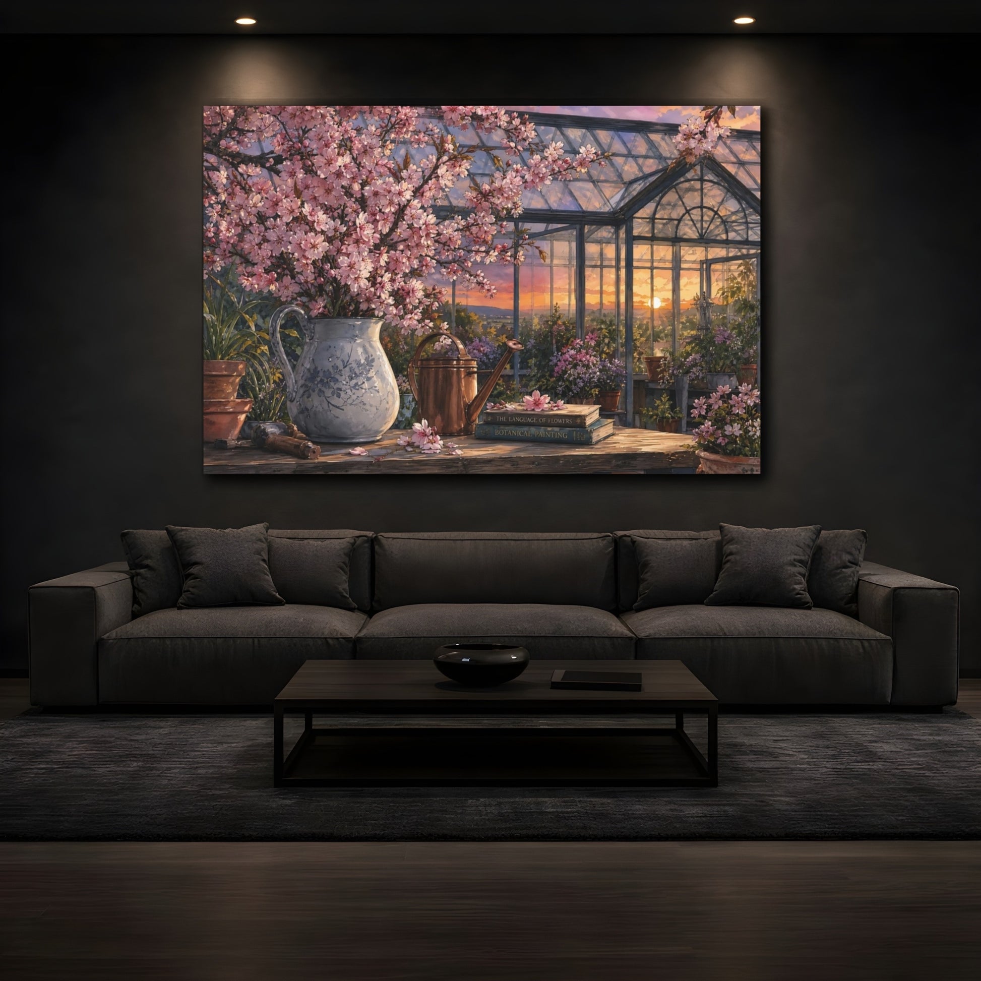 Mockup 3. Naturalist Gouache Illustration Cherry Blossoms Above Greenhouse Glass At Dusk shown as stretched canvas wall art