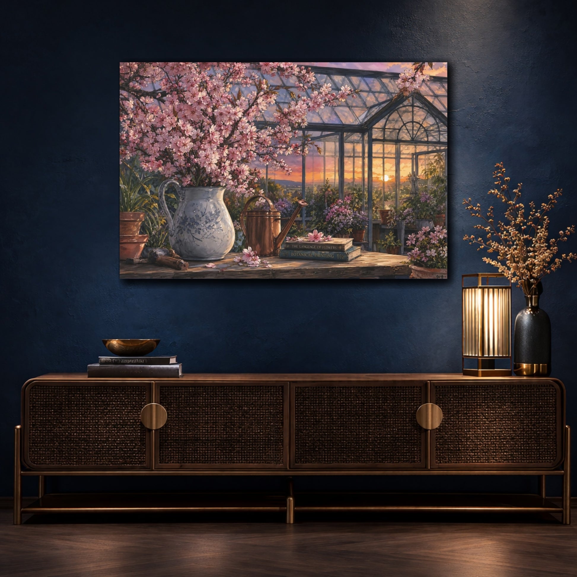 Mockup 4. Naturalist Gouache Illustration Cherry Blossoms Above Greenhouse Glass At Dusk shown as stretched canvas wall art