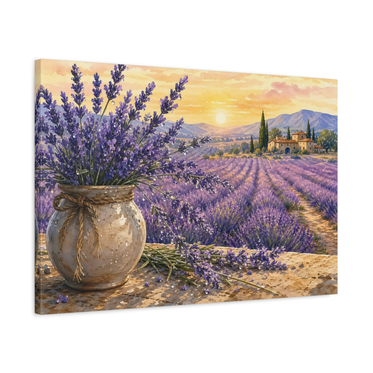 Side Mockup 2. Naturalist Gouache Illustration Lavender Across Provence Field With Dew Drops shown as stretched canvas wall art