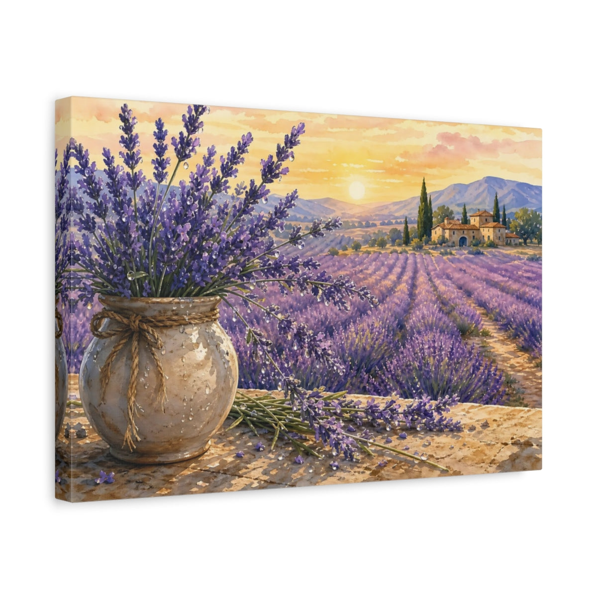 Side Mockup 4. Naturalist Gouache Illustration Lavender Across Provence Field With Dew Drops shown as stretched canvas wall art