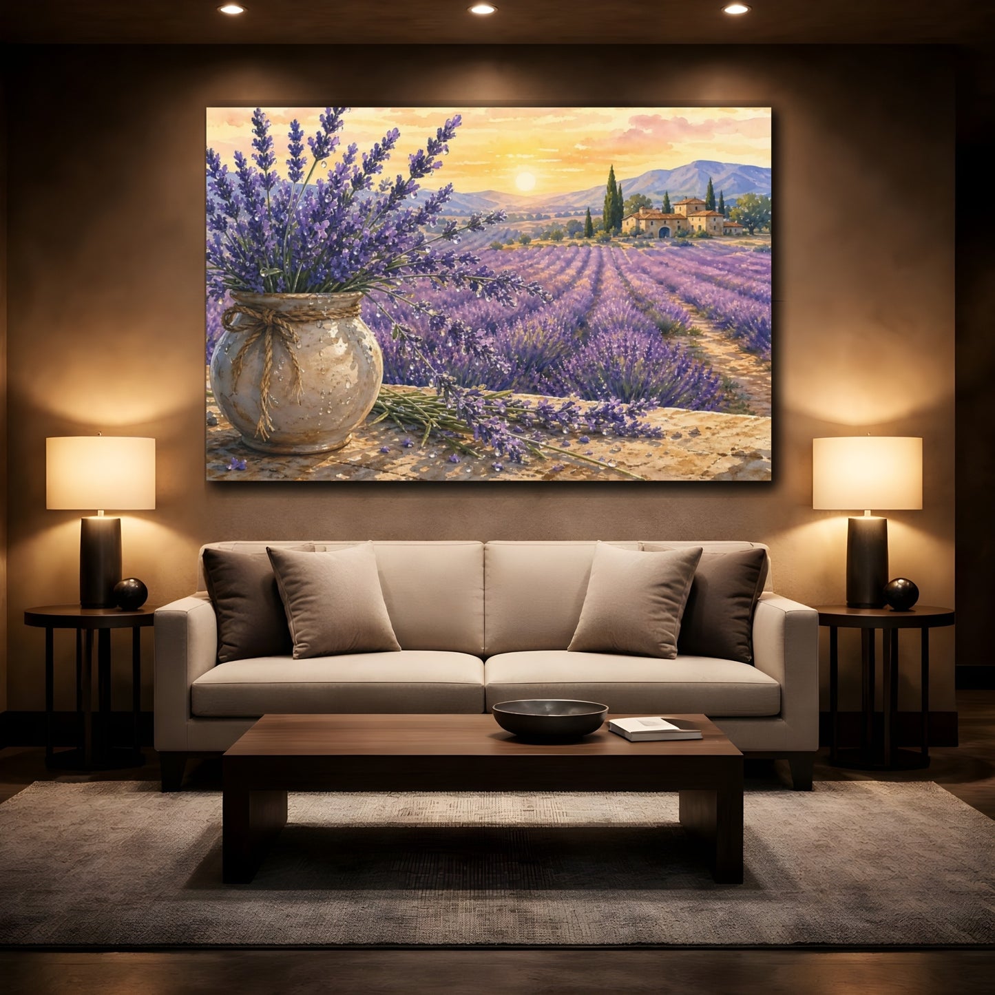Mockup 2. Naturalist Gouache Illustration Lavender Across Provence Field With Dew Drops shown as stretched canvas wall art
