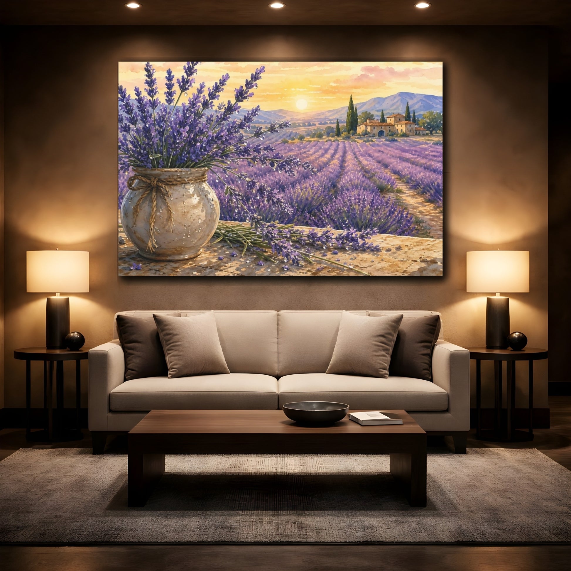 Mockup 2. Naturalist Gouache Illustration Lavender Across Provence Field With Dew Drops shown as stretched canvas wall art