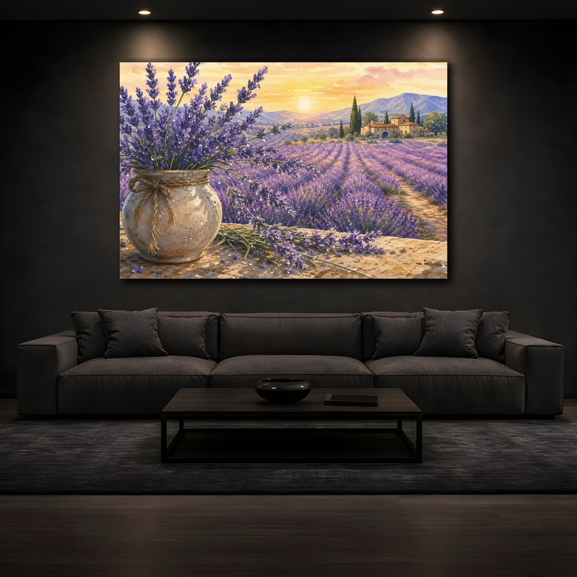 Mockup 3. Naturalist Gouache Illustration Lavender Across Provence Field With Dew Drops shown as stretched canvas wall art