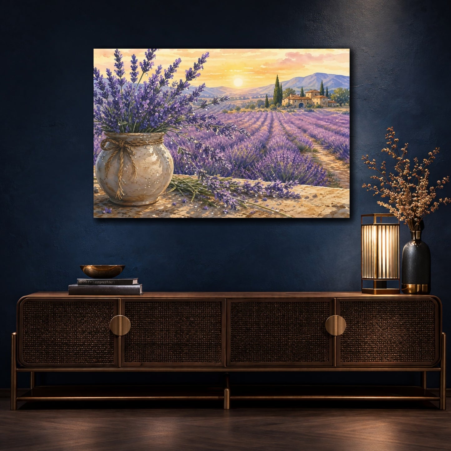 Mockup 4. Naturalist Gouache Illustration Lavender Across Provence Field With Dew Drops shown as stretched canvas wall art