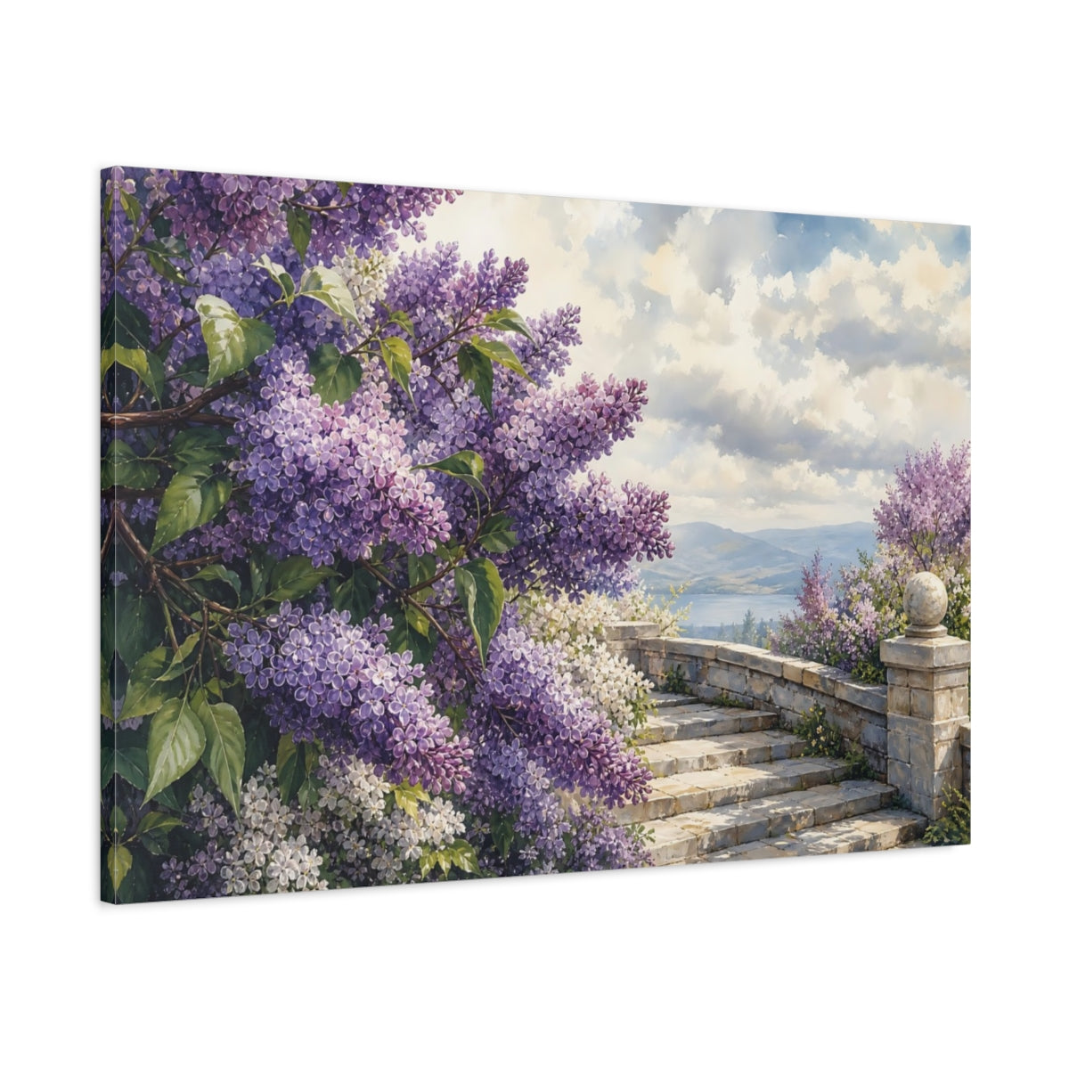 Main Mockup. Naturalist Gouache Illustration Lilac Branches Above Stone Steps Beneath Cloudy Light shown as stretched canvas wall art