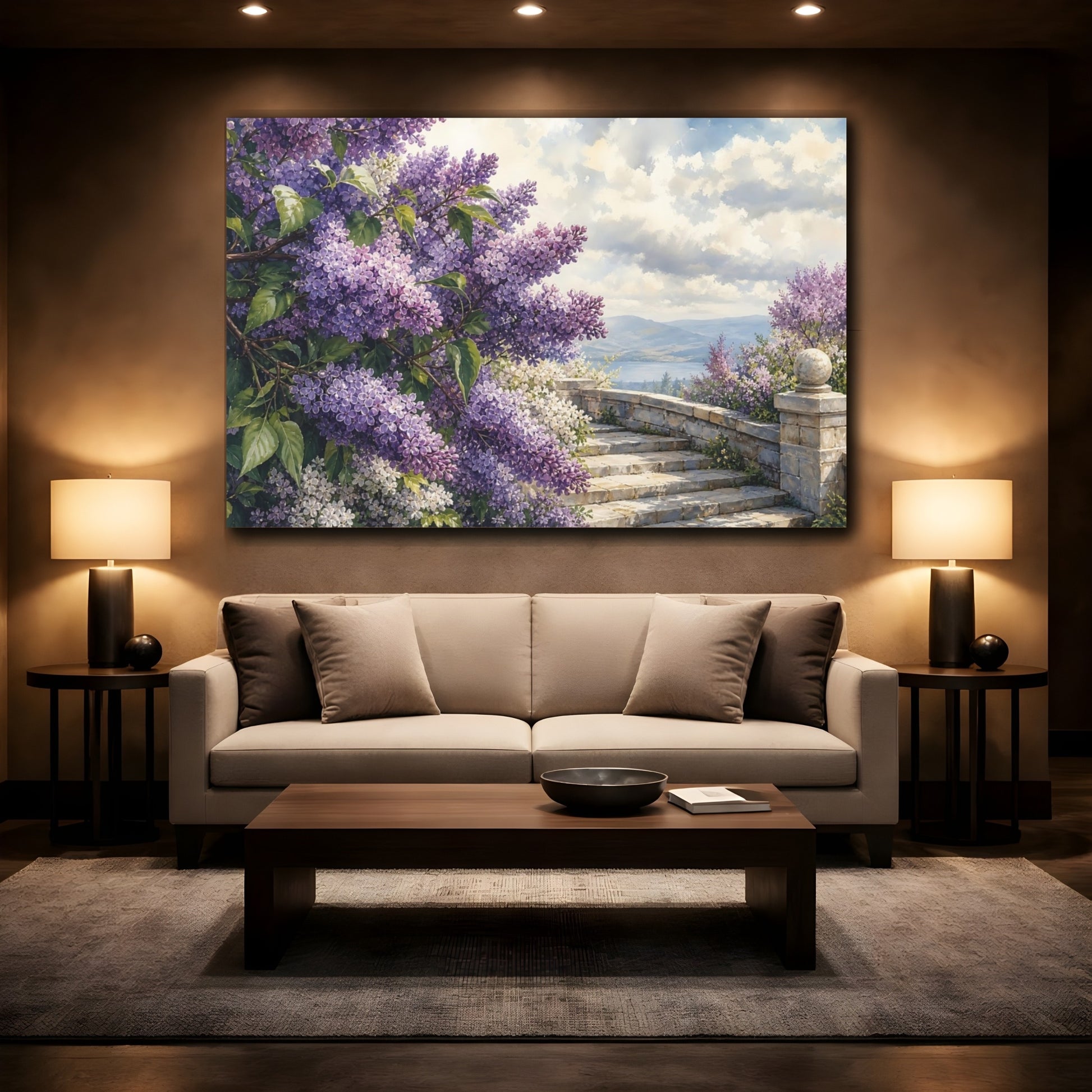 Mockup 2. Naturalist Gouache Illustration Lilac Branches Above Stone Steps Beneath Cloudy Light shown as stretched canvas wall art
