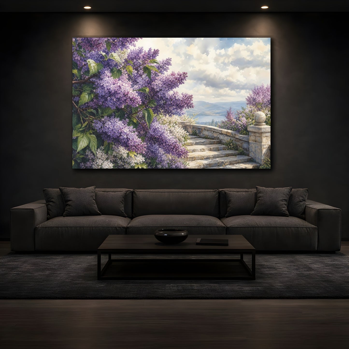 Mockup 3. Naturalist Gouache Illustration Lilac Branches Above Stone Steps Beneath Cloudy Light shown as stretched canvas wall art