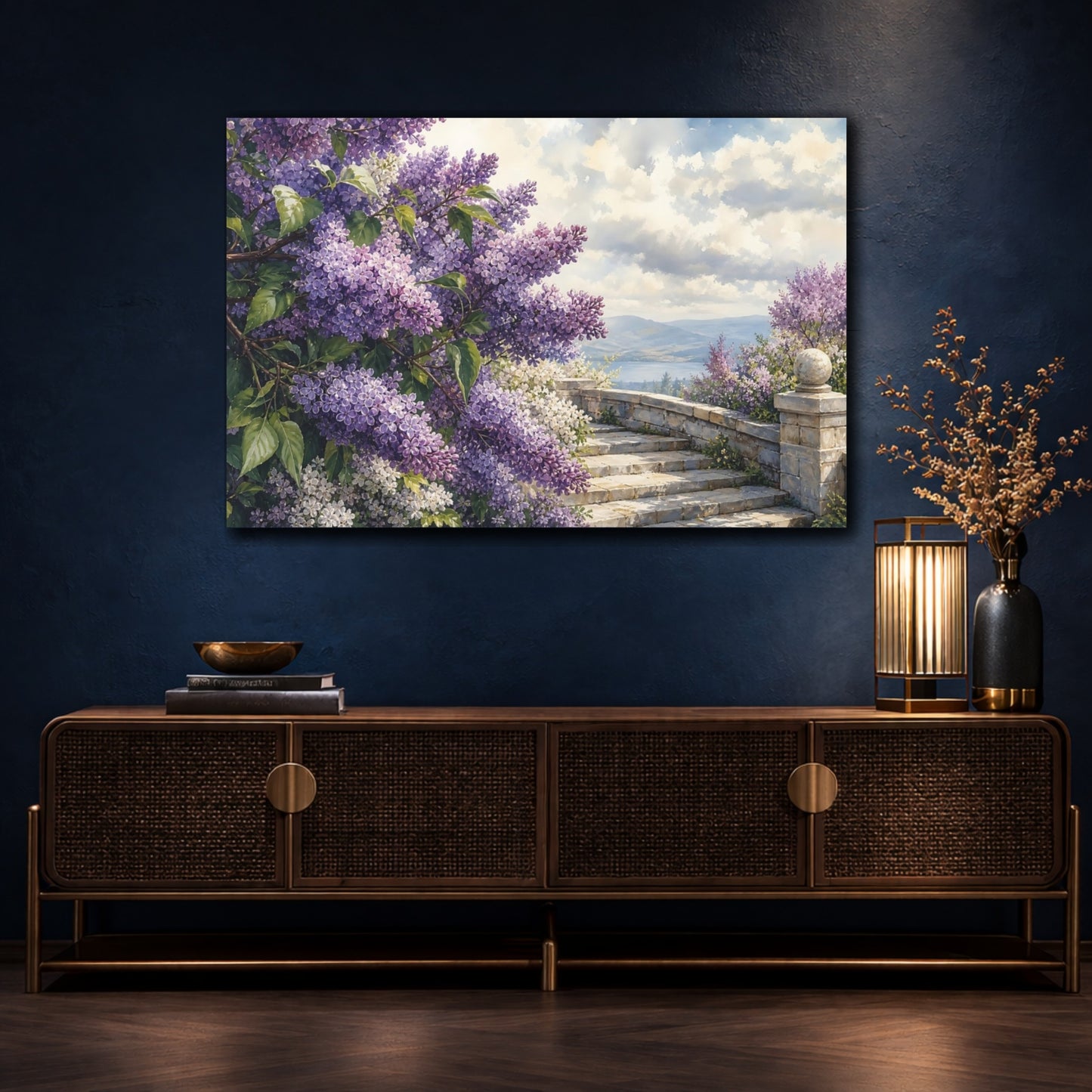 Mockup 4. Naturalist Gouache Illustration Lilac Branches Above Stone Steps Beneath Cloudy Light shown as stretched canvas wall art
