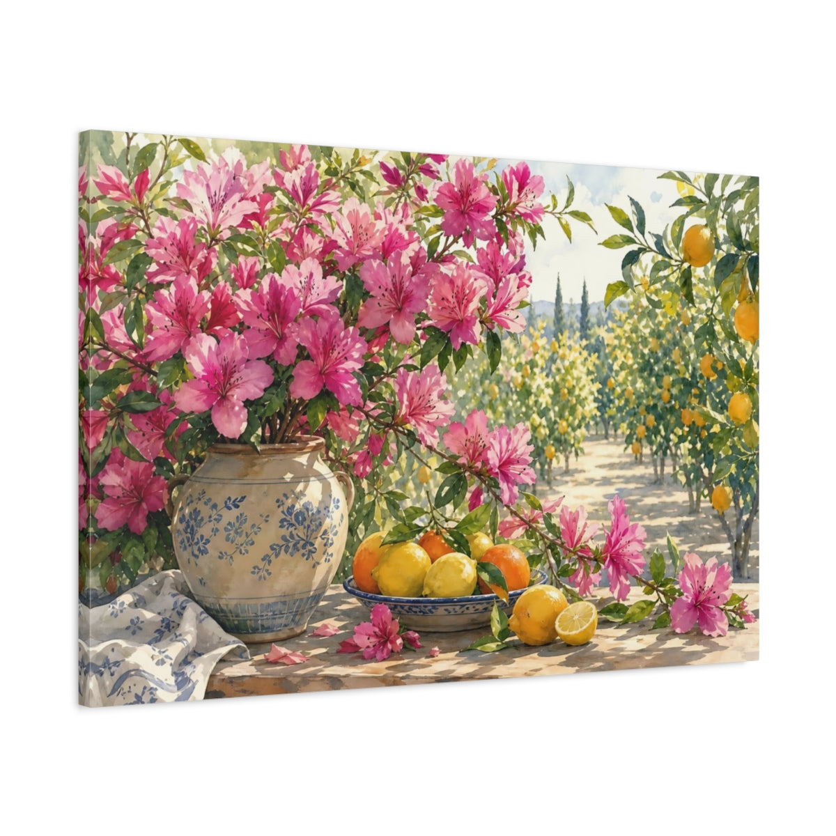 Main Mockup. Naturalist Gouache Illustration Magenta Azalea Branches Against Citrus Grove shown as stretched canvas wall art