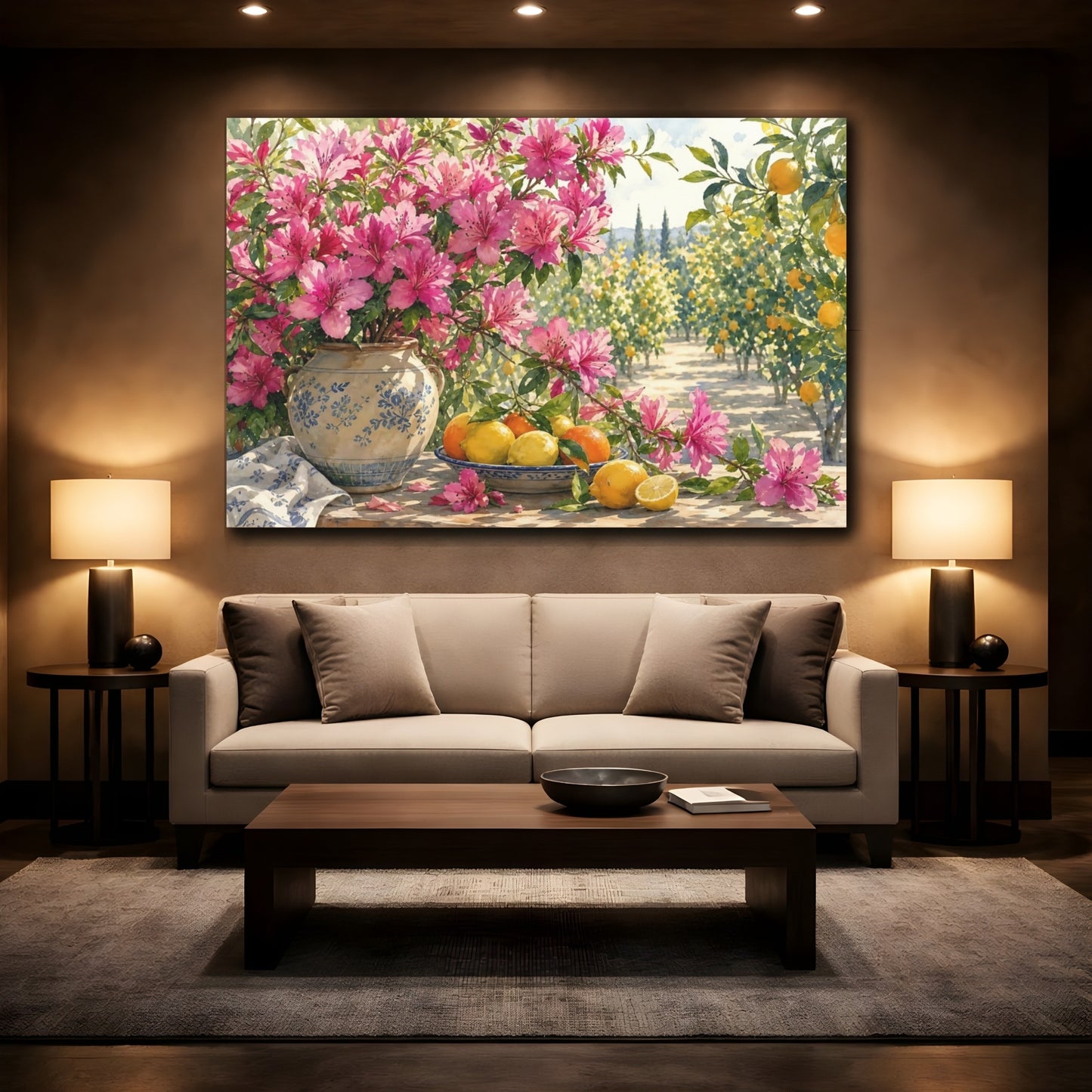 Mockup 2. Naturalist Gouache Illustration Magenta Azalea Branches Against Citrus Grove shown as stretched canvas wall art