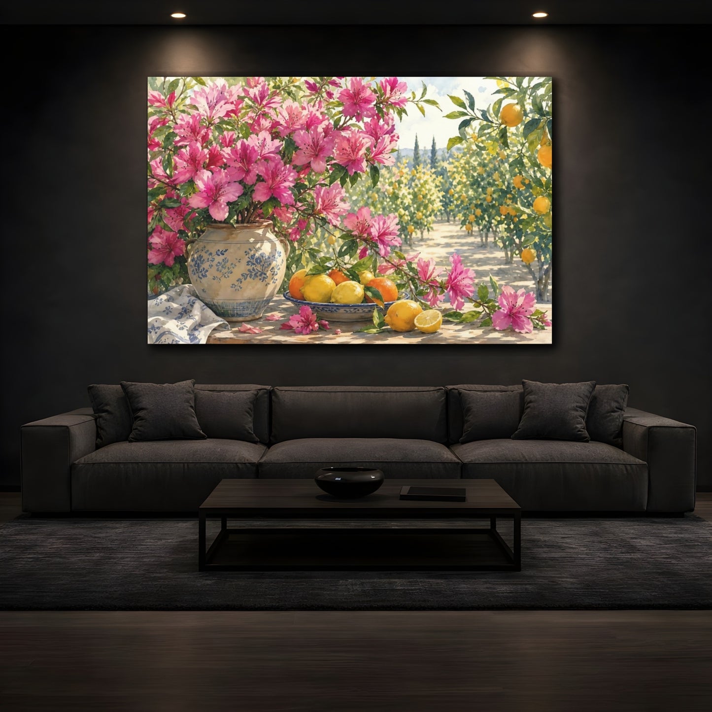 Mockup 3. Naturalist Gouache Illustration Magenta Azalea Branches Against Citrus Grove shown as stretched canvas wall art