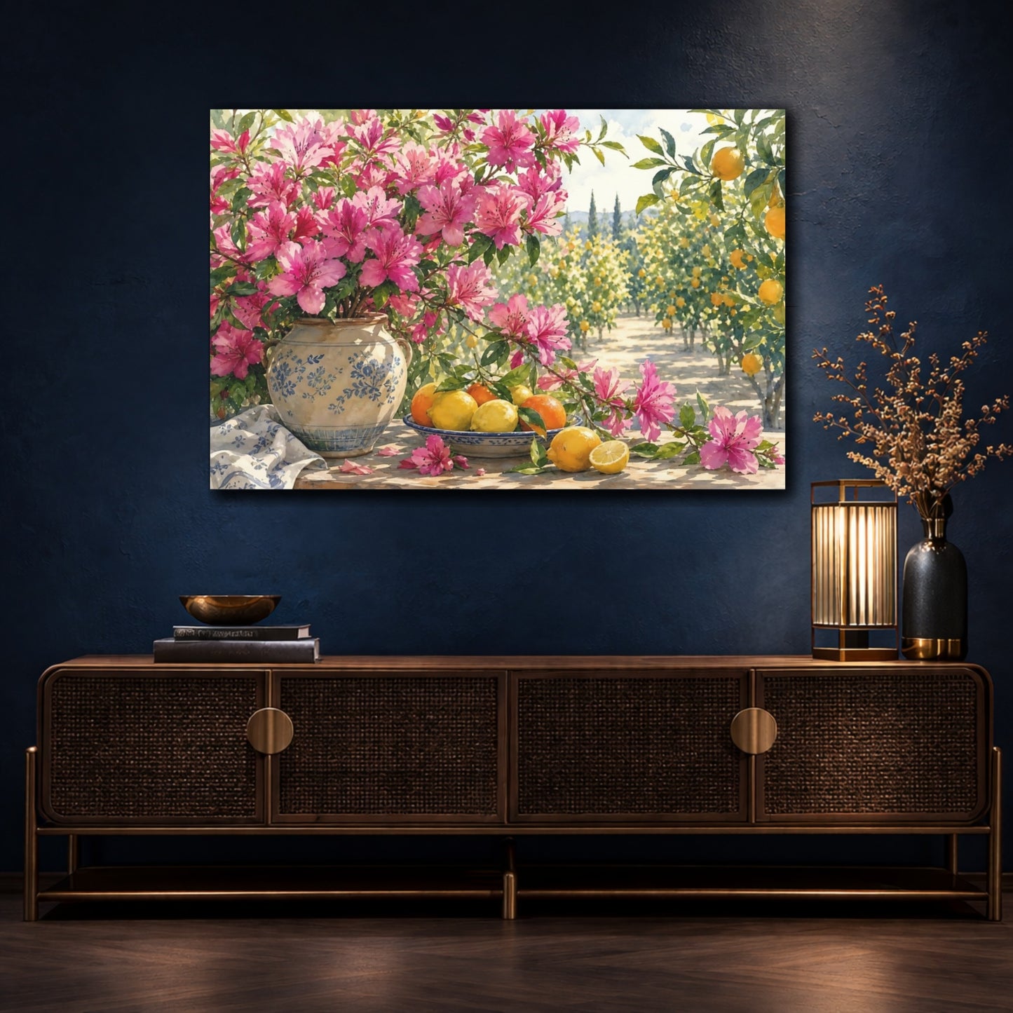 Mockup 4. Naturalist Gouache Illustration Magenta Azalea Branches Against Citrus Grove shown as stretched canvas wall art