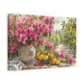 Side Mockup 4. Naturalist Gouache Illustration Magenta Azalea Branches Against Citrus Grove shown as stretched canvas wall art
