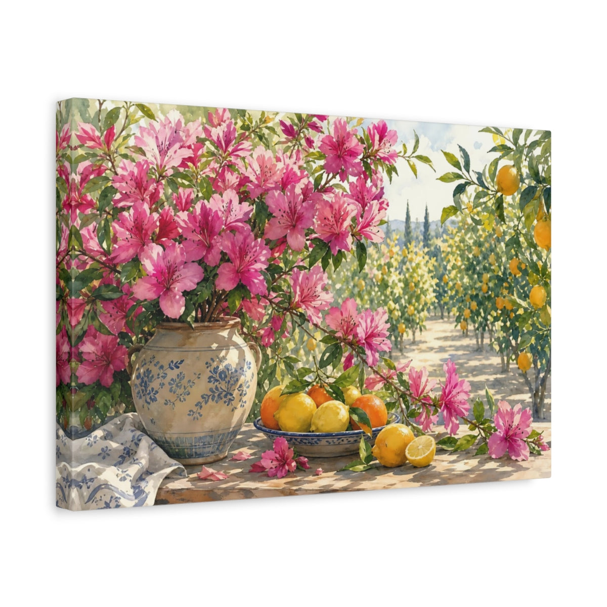 Side Mockup 4. Naturalist Gouache Illustration Magenta Azalea Branches Against Citrus Grove shown as stretched canvas wall art