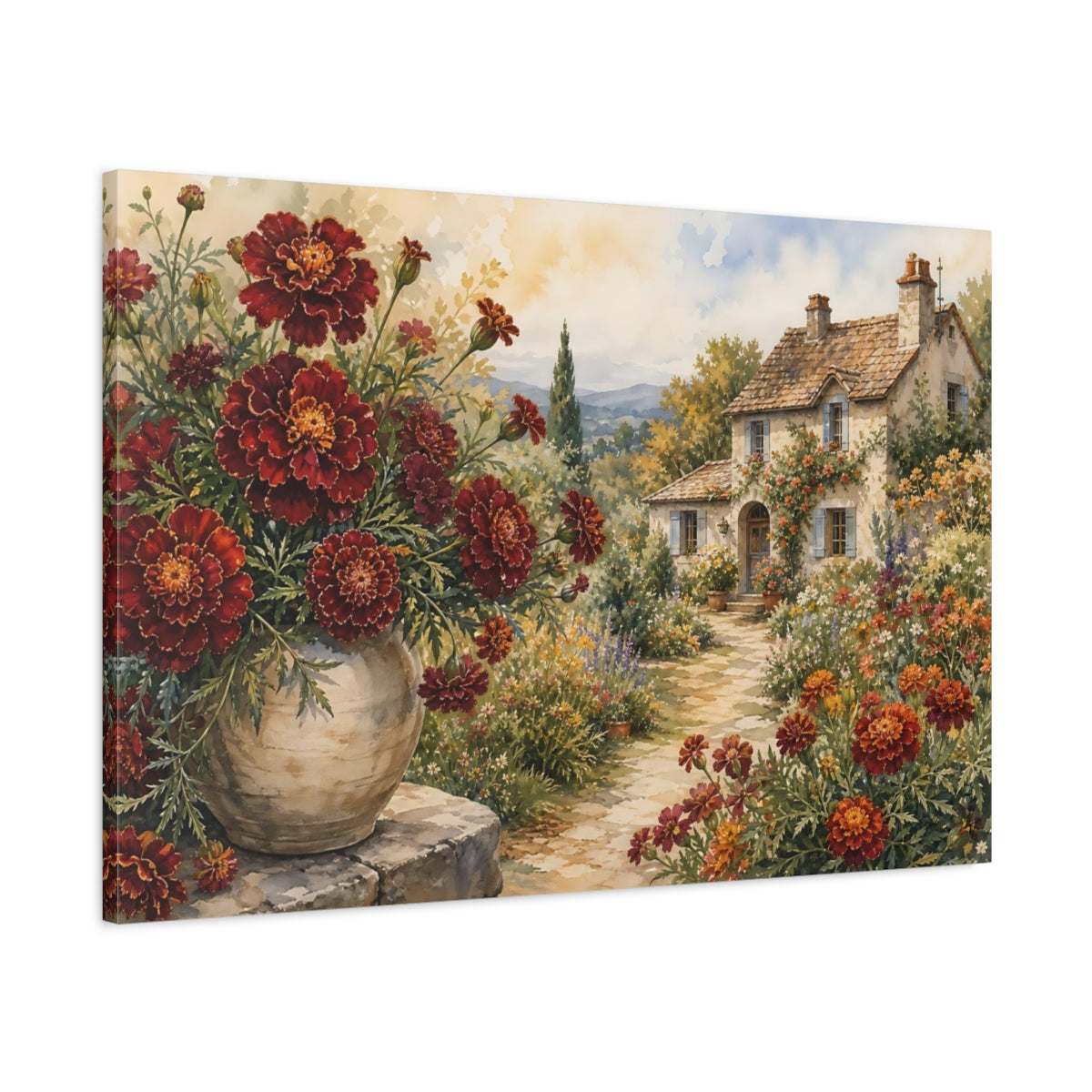 Main Mockup. Naturalist Gouache Illustration Mixed Burgundy Marigolds Around Cottage Path shown as stretched canvas wall art