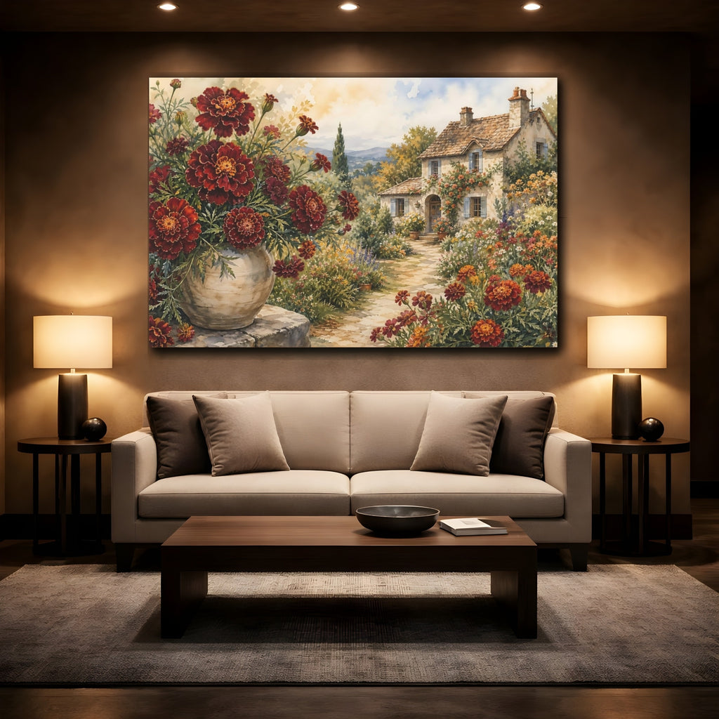 Mockup 2. Naturalist Gouache Illustration Mixed Burgundy Marigolds Around Cottage Path shown as stretched canvas wall art