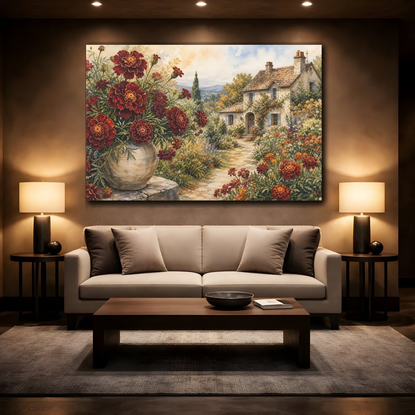 Mockup 2. Naturalist Gouache Illustration Mixed Burgundy Marigolds Around Cottage Path shown as stretched canvas wall art