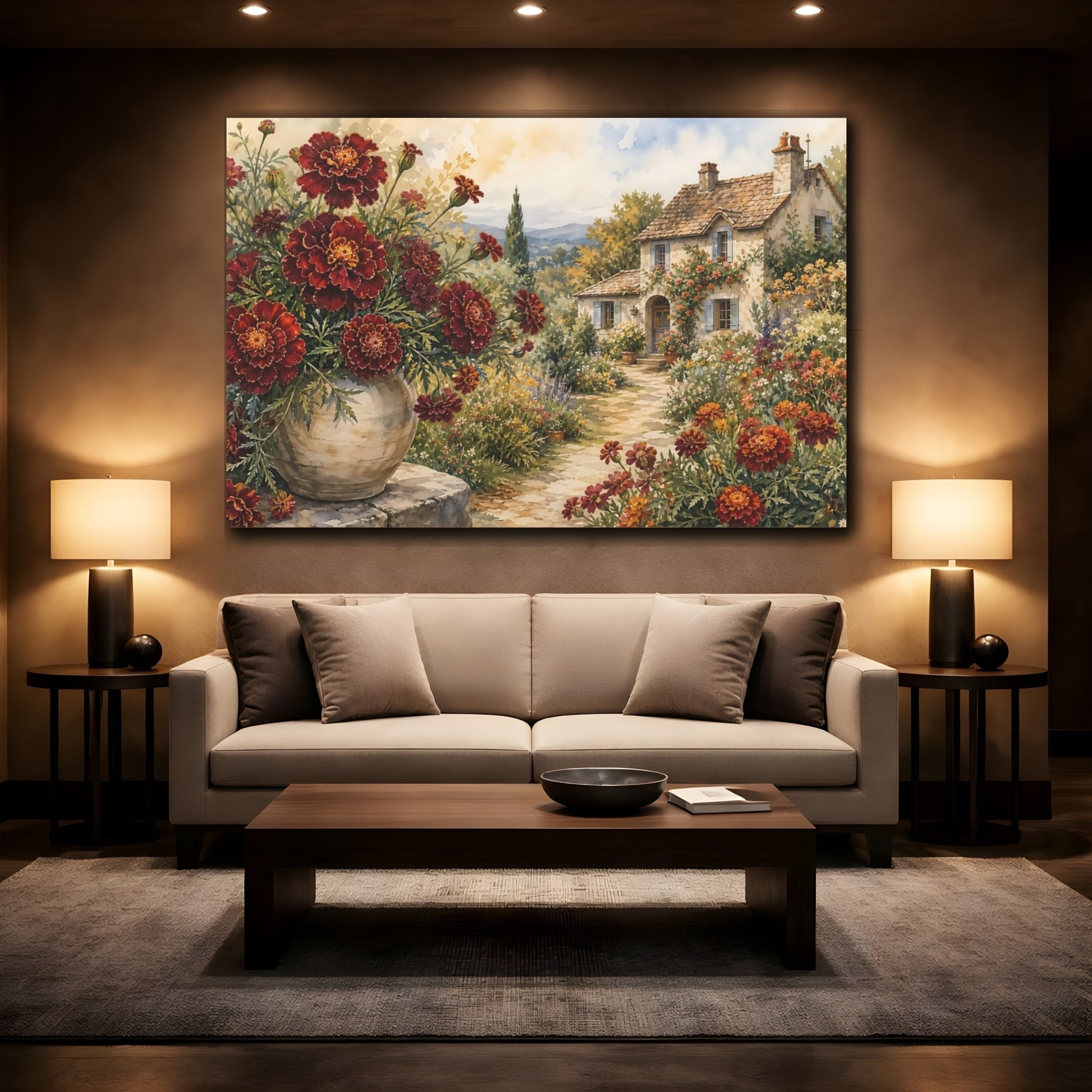 Mockup 2. Naturalist Gouache Illustration Mixed Burgundy Marigolds Around Cottage Path shown as stretched canvas wall art